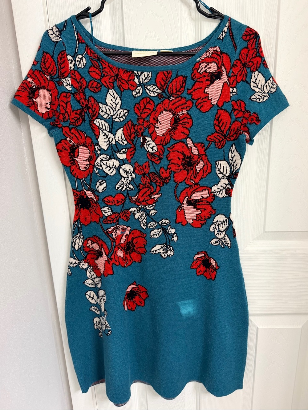Maeve by Anthropologie Teal Floral Sweater Dress - S Petite